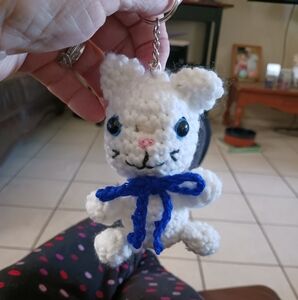 Crocheted White Cat Keychain with Blue Bow